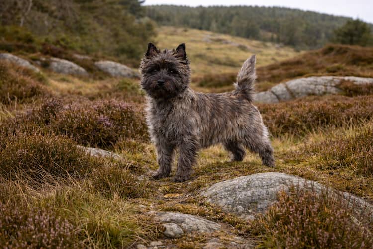 Cairnterrier med sträv brindlefärgad päls som står i skotskt hedlandskap med ljung, gräs och stenar