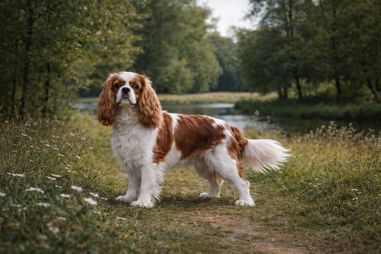 Cavalier King Charles Spaniel i färgen Blenheim som står på en grusad skogsstig vid en lugn å i lantlig miljö, med lång silkig päls och typiska hängande öron i naturligt dagsljus