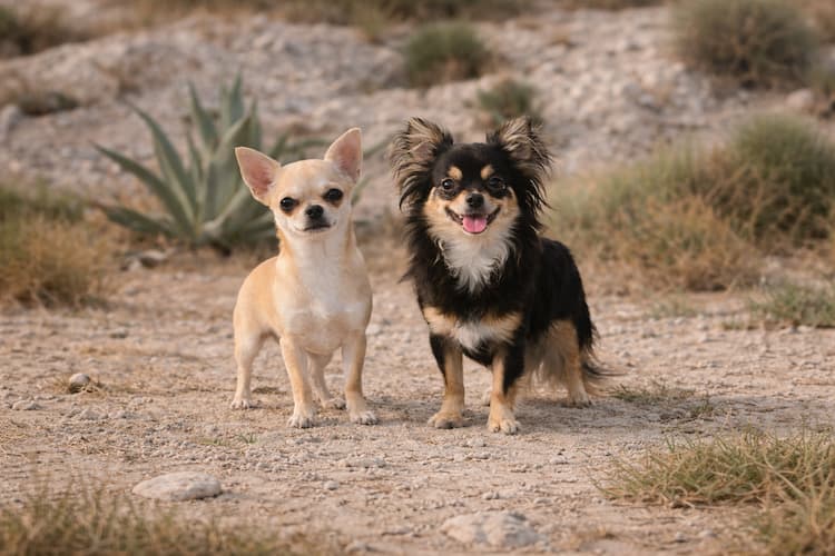 Korthårig och långhårig chihuahua sida vid sida i naturlig mexikansk ökenmiljö med sand, sten och agaveväxter i bakgrunden