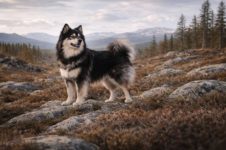 Finsk lapphund som står på stenig fjällhed i nordiskt landskap med granar och snötäckta berg i bakgrunden, tät svart-tan päls och yvig svans i naturlig miljö