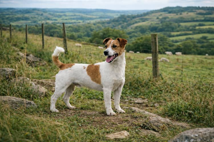 Jack Russell Terrier stående på lantlig äng i kuperat brittiskt landskap med gröna kullar och får i bakgrunden – vit och brun, korthårig och alert i naturlig miljö