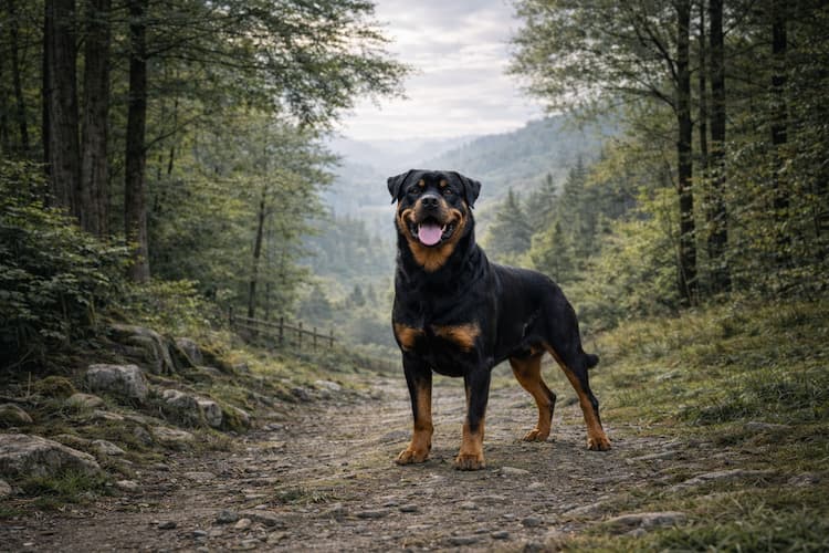 En rottweiler står i mitten av en skogsstig i naturlig miljö, kraftfull och muskulös hund med svart och tanfärgad päls i mjukt dagsljus.