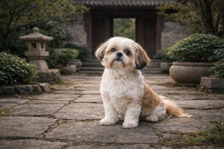 Shih Tzu sitter på stenbelagd innergård i traditionell kinesisk miljö med grönskande bakgrund – liten sällskapshund med lång vit och tanfärgad päls i dagsljus