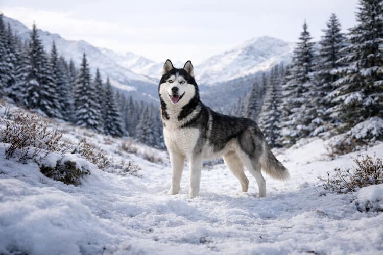 En siberian husky som står i snöigt bergslandskap med granar och snötäckta berg i bakgrunden, tydliga blå ögon och tät svartvit päls