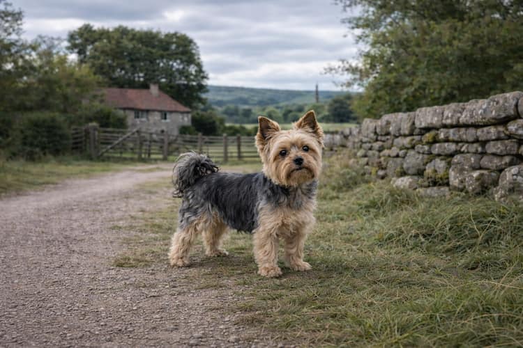 Yorkshireterrier som står på en grusväg i lantlig miljö i Yorkshire, England, med klassisk stenmur och gård i bakgrunden – liten hund med silkeslen blå och tanfärgad päls